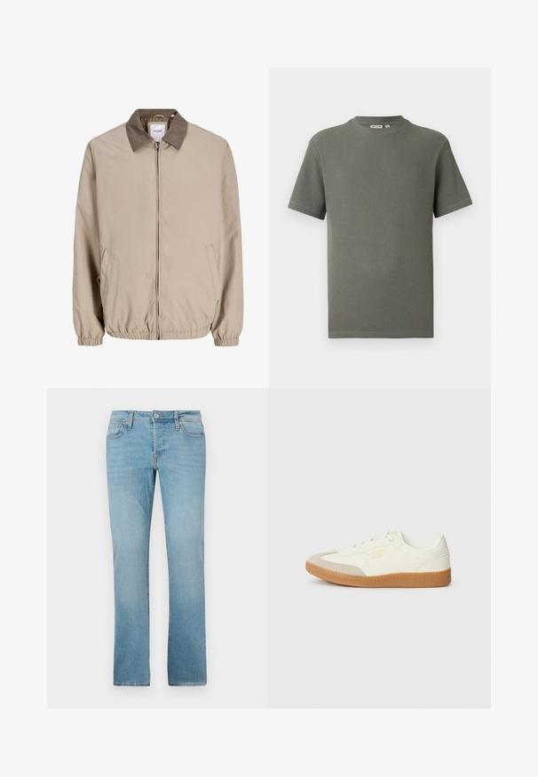 Beige Reißverschlussjacke mit elastischen Bündchen und Saum, kontrastierendem braunem Kragen und Seitentaschen.; Olivgrünes T-Shirt mit kurzen Ärmeln aus strukturiertem Strick, Rundhalsausschnitt und geradem Saum, flach auf weißem Hintergrund.; Helle Blaue Jeans aus Denim mit geradem Bein, fünf Taschen, Knopfverschluss und subtiler Verblassung für Textur.; Sneaker aus weißem Leder mit einer beigen Zehenkappe und leichter brauner Gummisohle. Verfügt über flache weiße Schnürsenkel und geprägtes Branding an der Seite.