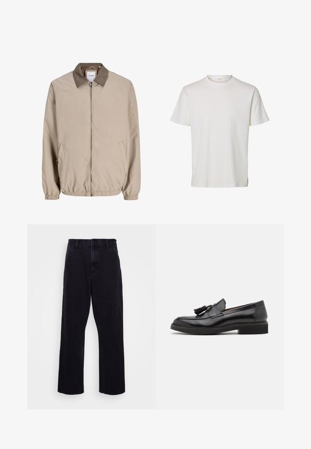 Beige jas met rits, elastische manchetten en zoom, contrasterende bruine kraag en zijzakken.; Effen wit T-shirt met korte mouwen en ronde hals, met een subtiele geribbelde structuur en een klein merklabel aan de binnenkant van de kraag.; Zwarte denim broek met een rechte pijpdesign, voorzien van een knoop- en ritssluiting, riemlussen en minimale stikdetails.; Zwarte leren instappers met een kwastje, ronde neus en een getextureerde zool. Heeft een gladde afwerking en een minimalistisch ontwerp.
