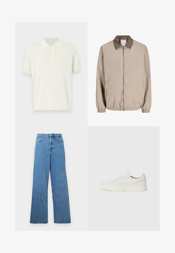 Veste beige zippée avec poignets et ourlet élastiques, col marron contrastant et poches latérales.; Lacoste Polo - naturel clair; Jean en denim bleu, taille haute, jambes larges, avec bouton frontal, fermeture éclair, passants pour ceinture, et poches à l'avant et à l'arrière.; Sneaker en cuir blanc avec une surface texturée, un bout arrondi et des détails perforés. Il dispose de lacets blancs et d'une semelle en caoutchouc beige clair.