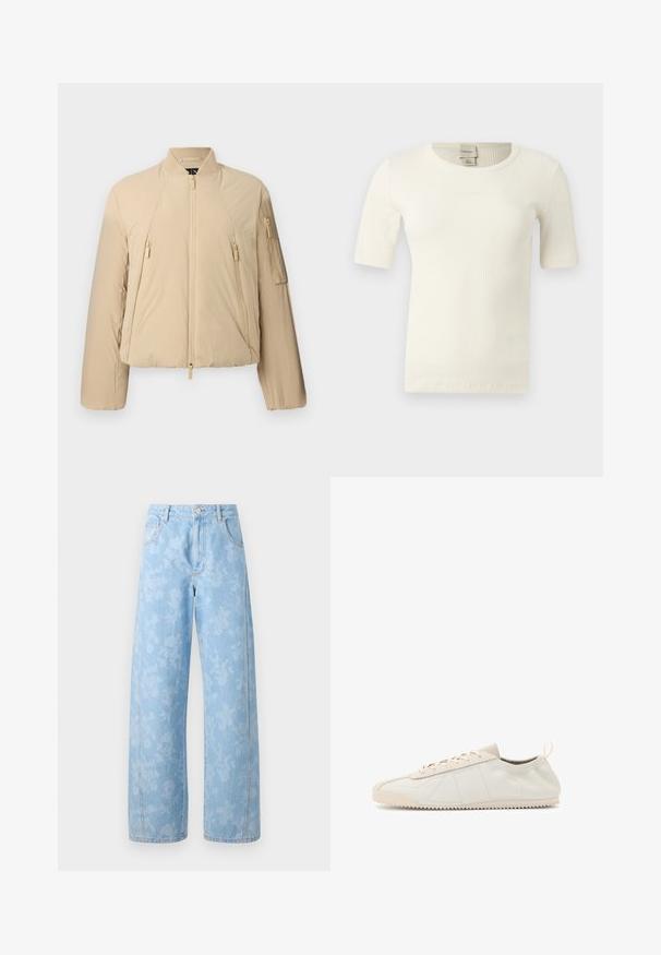Cazadora bomber beige acolchada con cremallera frontal, dos bolsillos laterales con cremallera, bolsillo con cremallera en la manga y cuello y puños de canalé.; Top de punto acanalado de manga corta color blanco hueso con cuello redondo y etiqueta de Calvin Klein en la parte interior trasera del cuello.; Mads Nørgaard ART CHRISTEL - Vaqueros boyfriend - light denim; Zapatillas de cuero crema con puntera redondeada, diseño de cordones, acentos texturizados y suela de goma texturizada con patrón de tracción en zigzag.