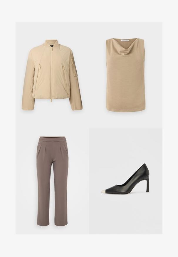 Veste bomber matelassée beige avec fermeture éclair à l'avant, deux poches latérales zippées, poche zippée sur la manche, et col et poignets côtelés.; Blouse beige sans manches avec encolure drapée et ourlet droit, en tissu lisse, étiquette Tiger of Sweden à l'intérieur du col.; Pantalons amples taupe avec taille élastique et plis à l'avant, fabriqués en tissu lisse.; Chaussure à talon haut en cuir noir avec bout pointu et capuchon argenté métallique. Présente une finition lisse et un talon fin de 10 cm.