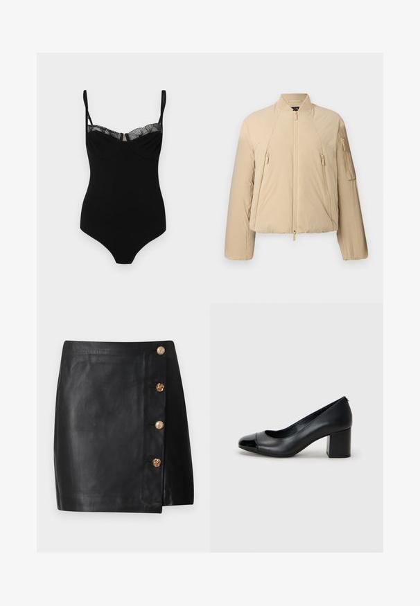 Veste bomber matelassée beige avec fermeture éclair à l'avant, deux poches latérales zippées, poche zippée sur la manche, et col et poignets côtelés.; Bodysuit noir avec bretelles réglables, présentant une bordure en dentelle le long de l'encolure, une texture sans couture et une coupe ajustée.; Mini-jupe en similicuir noir avec un devant asymétrique et quatre boutons dorés décoratifs sur le côté droit.; Escarpin en cuir noir avec un capuchon de pied brillant et un talon épais. Texture lisse et design arrondi avec une ouverture subtile à l'avant.