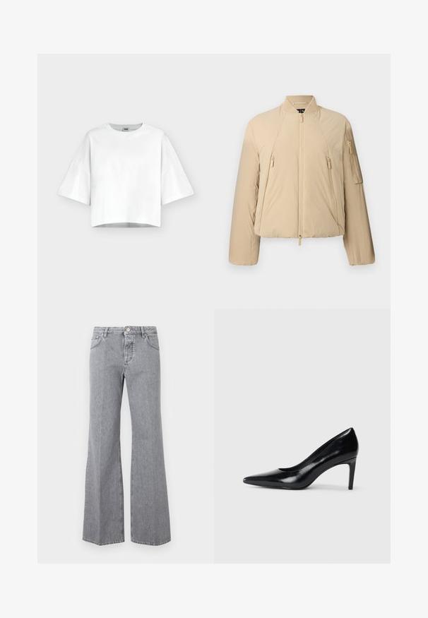 Veste bomber matelassée beige avec fermeture éclair à l'avant, deux poches latérales zippées, poche zippée sur la manche, et col et poignets côtelés.; Crop top blanc oversize à manches courtes avec col rond, en tissu lisse, présenté sur un fond clair uni.; Jean en denim gris taille haute avec bouton et fermeture éclair à l'avant, cinq poches et jambes évasées larges, présenté sur un fond uni.; Chaussure à talon haut en cuir noir avec un bout pointu, texture lisse et un talon effilé. Design minimaliste, sans embellissements supplémentaires.