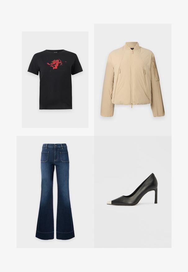 Veste bomber matelassée beige avec fermeture éclair à l'avant, deux poches latérales zippées, poche zippée sur la manche, et col et poignets côtelés.; T-shirt noir à manches courtes avec un graphisme rouge d'un cupidon tenant un arc et une flèche, centré sur la poitrine.; Jean en denim bleu foncé avec taille haute, jambes larges évasées, deux grandes poches plaquées à l'avant et fermeture par boutons à la taille.; Chaussure à talon haut en cuir noir avec bout pointu et capuchon argenté métallique. Présente une finition lisse et un talon fin de 10 cm.