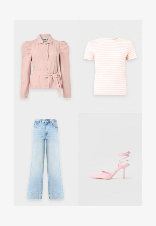 Chaqueta de manga larga en rosa claro con hombros abullonados, botones delanteros, cuello y cinturón ajustable del mismo tejido en la cintura, mostrada sobre un fondo blanco.; Camiseta de punto acanalado de manga corta con rayas horizontales en rosa claro y blanco y cuello redondo.; Vaqueros de pierna ancha de color azul claro con cintura alta, trabillas trenzadas, botón frontal, cremallera y dos bolsillos sobre fondo blanco.; Zapatos de tacón alto rosas con punta afilada, acabado satinado y tira en el tobillo con detalles entrecruzados. Silueta elegante y tacón fino.