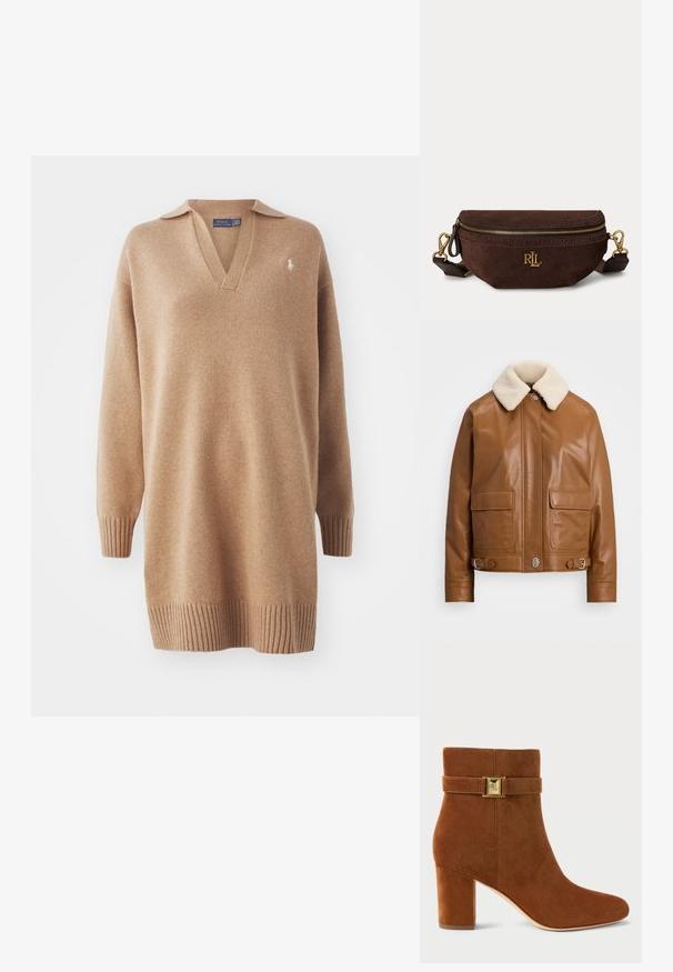 Brun læderjakke med en cremet shearlingkrave. Har to forlommer, sølvfarvede hardwaredetaljer og justerbare spænde detaljer i kanten.; Beige striktrøje med V-hals og polo-krave. Har ribbede manchetter og kant. Broderet logo på venstre bryst. Blød tekstur.; Brune ruskind ankelstøvle med blokhæl. Har en guldtonet spænde rem ved anklen og en glat, spids tå.; Mørkebrun ruskind bæltetaske med gyldent lynlås, dekorative syninger, gyldent RLL-logo og justerbar læderrem med gyldne klamper.