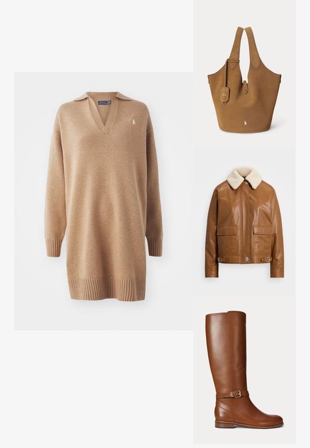 Brun læderjakke med en cremet shearlingkrave. Har to forlommer, sølvfarvede hardwaredetaljer og justerbare spænde detaljer i kanten.; Beige striktrøje med V-hals og polo-krave. Har ribbede manchetter og kant. Broderet logo på venstre bryst. Blød tekstur.; Brun læder knæhøj støvle med en lille guldbøjle og "RL" logo på remmen nær anklen, flad hæl og glat finish.; Brun ruskindstaske med to håndtag, en knaplukning og et lille Polo Ralph Lauren-logo nær den nederste midte.