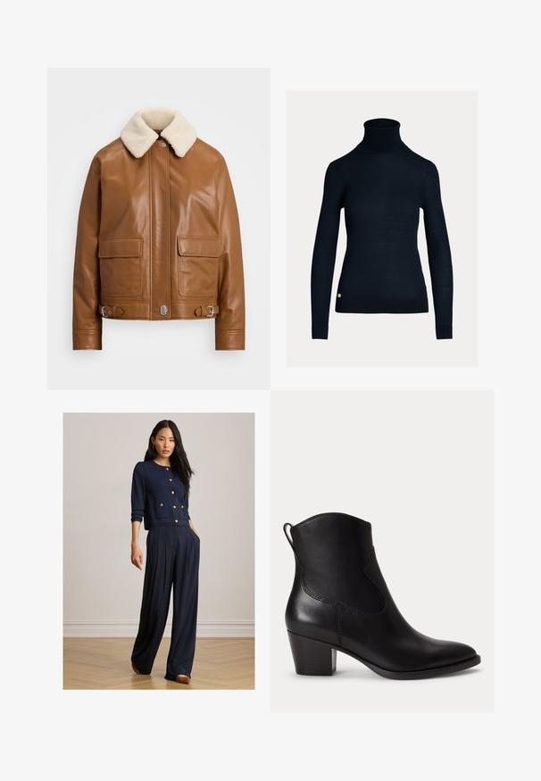 Brun læderjakke med en cremet shearlingkrave. Har to forlommer, sølvfarvede hardwaredetaljer og justerbare spænde detaljer i kanten.; Sort rullekrave sweater med lange ærmer, en tætsiddende pasform og en ribbet kant. Et guld logo er placeret nær bunden.; Kvinde iført navyblå knappet cardigan med guldknapper og vide bukser, stående på trægulv mod en ensfarvet væg.; Sort læder ankelstøvle med lav blokhæle, rundet tå og trækstrop bagpå mod en ens hvid baggrund.