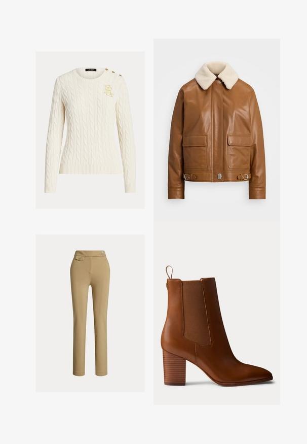 Veste en cuir brun avec un col en shearling crème. Présente deux poches avant, des accents en métal argenté et des détails à boucle réglables à l'ourlet.; Pull en tricot torsadé crème avec manches longues, col rond, logo doré brodé sur la poitrine et trois boutons dorés à l'épaule.; Pantalons beiges ajustés avec une texture lisse, taille haute, deux boutons décoratifs et une poche arrière. Design à jambe droite.; Bottine en cuir marron avec talon bloc, panneaux latéraux élastiques et languette à l'arrière, vue de profil sur un fond uni.