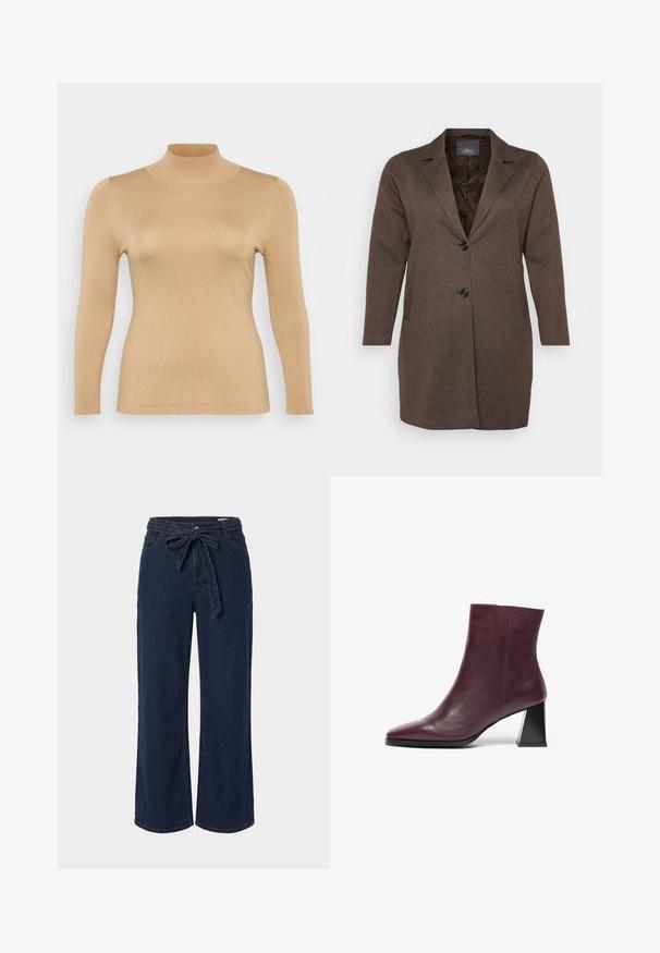 Abrigo de mezcla de lana marrón con cuello de muesca, cierre de un botón y dos bolsillos frontales. Cuenta con mangas largas y un forro interior suave.; Top beige de cuello alto con mangas largas, textura acanalada, diseño ajustado y un alto cuello. Material suave sin adornos visibles.; Pantalones vaqueros de pierna ancha de color azul oscuro con bolsillos frontales y un cinturón de tela anudado en un lazo en la cintura.; Botín de cuero burdeos hasta el tobillo con puntera afilada y un tacón geométrico negro y grueso; textura suave con detalles de costura mínimos.