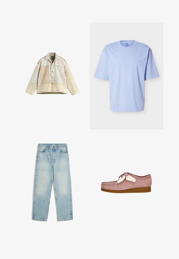 Beige en off-white patchwork spijkerjack met lange mouwen, knopen aan de voorkant en grote rechthoekige zakken aan de voorkant.; Lichtblauw T-shirt met korte mouwen, ronde hals, een losse pasvorm en een subtiel klein logo op de linkerborst.; Lichtblauwe jeans met rechte pijpen en hoge taille, met knoop aan de voorkant, rits, ceintuurlussen en voorzakken, plat afgebeeld op een witte achtergrond.; Lichtroze suède schoen met een ronde neus, vetersluiting en een crèmekleurig accentlabel. Voorzien van een tan rubberen zool voor extra grip.