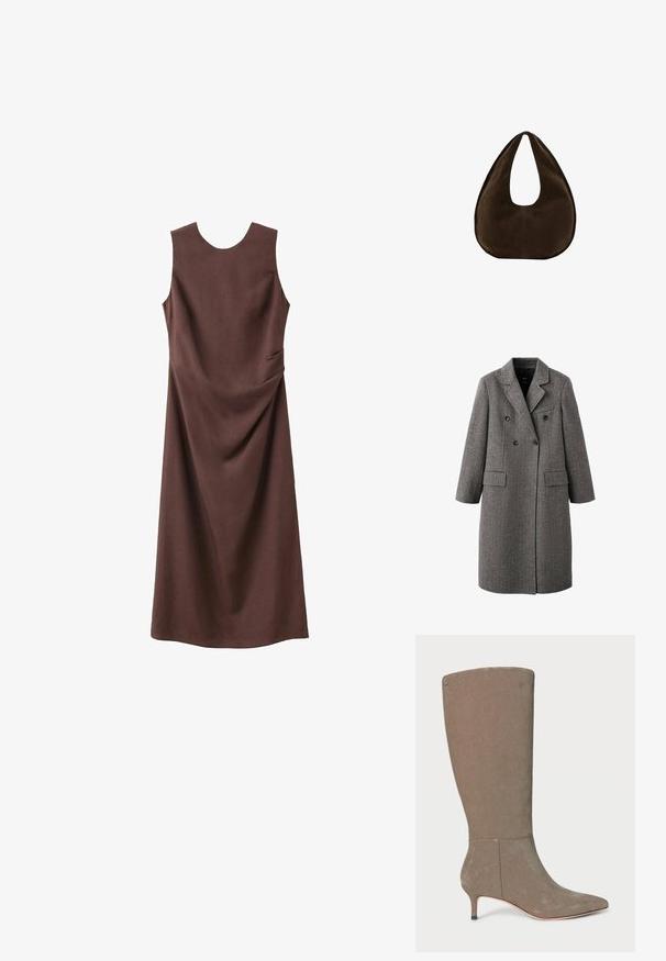 Lang grå uld dobbeltbreasted frakke med hakreverser, to klaplommer og en brystlomme med kant, designet til koldt vejr.; Ærmeløs brun midi-kjole med rund halsudskæring og subtil detalje med drapering på siden på hvid baggrund.; Knæhøj grå ruskindstøvle med spids tå og lav hæl, der har et rent design og subtile lodrette sømdetaljer.; Mørkebrun ruskind skuldertaske formet som en halvmåne med en bred rem og glat tekstur på en hvid baggrund.