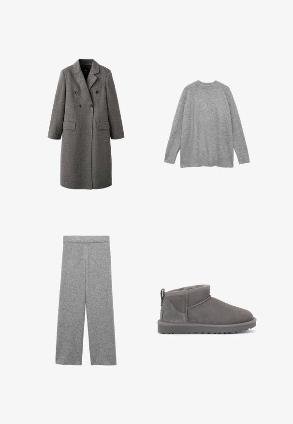 Lang grå uld dobbeltbreasted frakke med hakreverser, to klaplommer og en brystlomme med kant, designet til koldt vejr.; Grå sweater lavet af blødt materiale, med en klassisk rund halsudskæring, lange ærmer og ribbede manchetter og kant. Glat tekstur.; Grå bukser med vide ben lavet af et blødt, struktureret stof. Har en elastisk talje og lige ben, uden synlige tryk eller pynt.; Grå ruskinds ankelstøvler med en blød indersål, minimal syning og en formstøbt gummisål. Har en løkke bagpå.