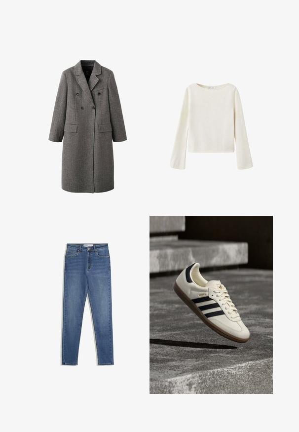 Lang grå uld dobbeltbreasted frakke med hakreverser, to klaplommer og en brystlomme med kant, designet til koldt vejr.; Off-white langærmet sweater med bred rund halsudskæring og let udvidede ærmer, lavet af blødt strikket stof.; Blå denim jeans med høj talje, slim fit, forlommer, lynlås og kontrasterende syninger. Struktureret design med en glat overflade.; Hvid Adidas Samba sneaker med sorte striber og gummsål, svævende over teksturerede grå betonstrin.