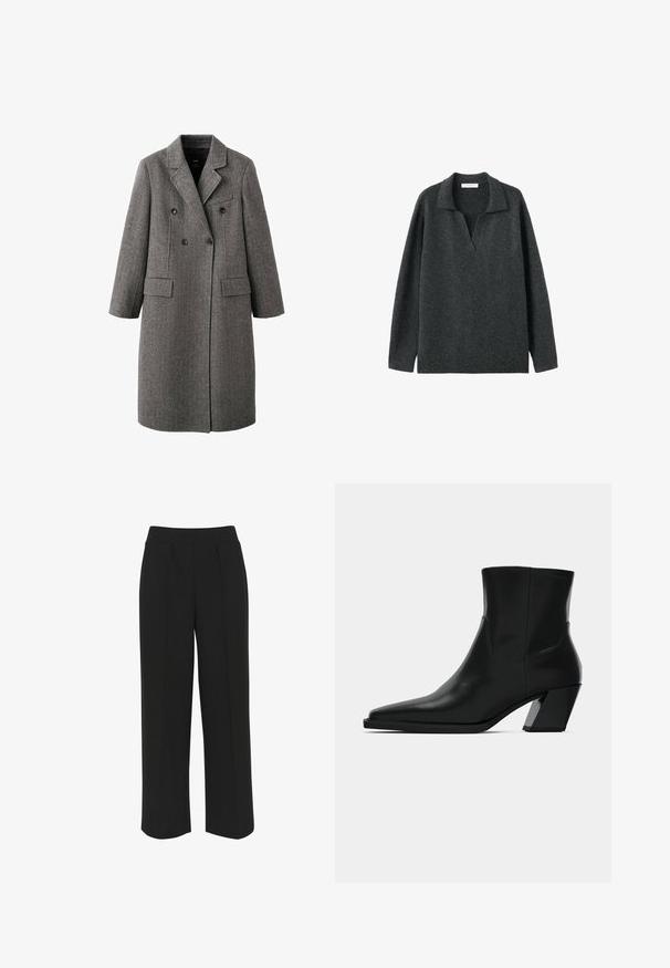 Long manteau gris en laine à double boutonnage avec revers à cran, deux poches à rabat et une poche poitrine passepoilée, conçu pour le temps froid.; Pull en maille gris foncé à manches longues avec col et encolure ouverte en V, présenté sur un fond blanc.; Pantalons larges noirs avec une taille plate, comportant des plis à l'avant et une texture lisse. Pas de poches ni de matériel visible.; Bottine en cuir noir avec un bout pointu, une silhouette élégante et un talon carré massif. Texture lisse avec des détails de couture minimalistes.