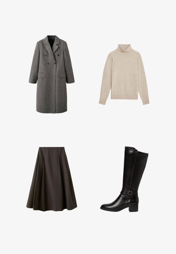 Long manteau gris en laine à double boutonnage avec revers à cran, deux poches à rabat et une poche poitrine passepoilée, conçu pour le temps froid.; Pull ras du cou beige en tissu doux, avec un col et des poignets côtelés, à coupe décontractée et sans motifs visibles.; Jupe noire trapèze à taille haute avec ourlet évasé, fabriquée en tissu lisse, présentée sur fond blanc.; Botte en cuir noir montante avec un bout arrondi, une sangle décorative avec une boucle circulaire, et un petit talon carré. Texture lisse et brillante.