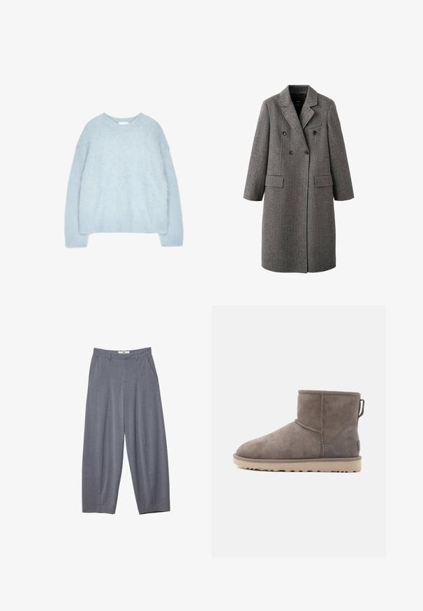 Lang grå uld dobbeltbreasted frakke med hakreverser, to klaplommer og en brystlomme med kant, designet til koldt vejr.; Lyseblå hættetrøje strikket af blødt, fluffy materiale. Har en rund halsudskæring og lange ærmer med ribstrikkede manchetter og kant.; Stradivarius SMART BAGGY WITH SEAM DETAIL - Bukser - grey; Grå ruskind ankelstøvler med en blød tekstur, rund tå og solid beige sål. Med forstærket hæl og syningsdetaljer.