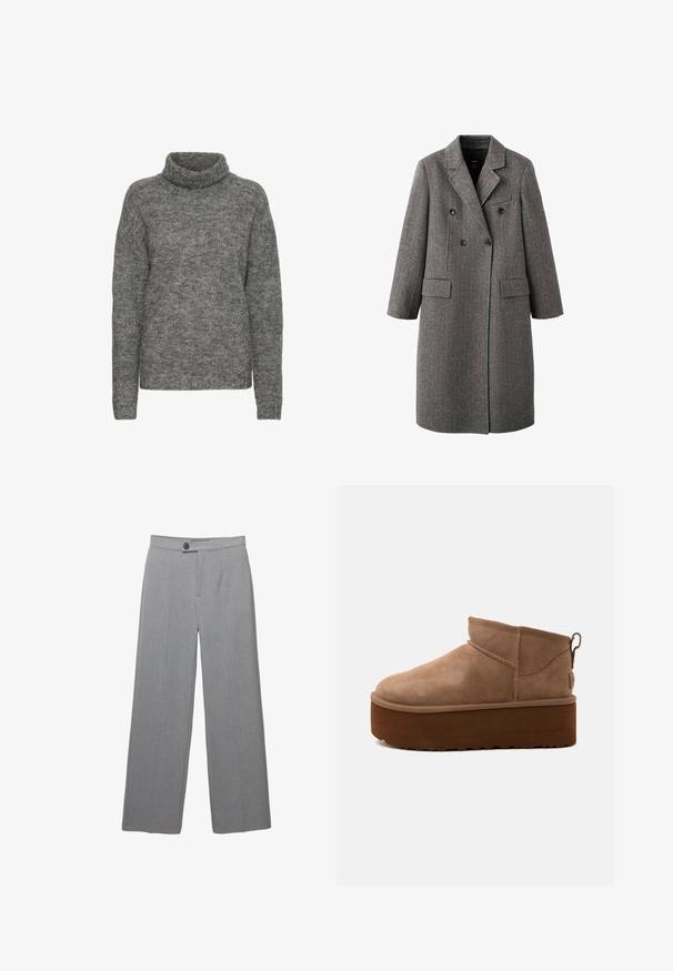 Long manteau gris en laine à double boutonnage avec revers à cran, deux poches à rabat et une poche poitrine passepoilée, conçu pour le temps froid.; Pull à col roulé gris en maille douce, avec une coupe décontractée et des manches longues, arborant une texture subtile sur l'ensemble.; Pantalons gris ajustés avec une coupe large, devant plat et texture subtile. Comprend une fermeture à un bouton et des lignes épurées.; Bottine marron en daim de hauteur moyenne, style slip-on, avec une semelle épaisse compensée et un onglet à l’arrière sur fond clair.