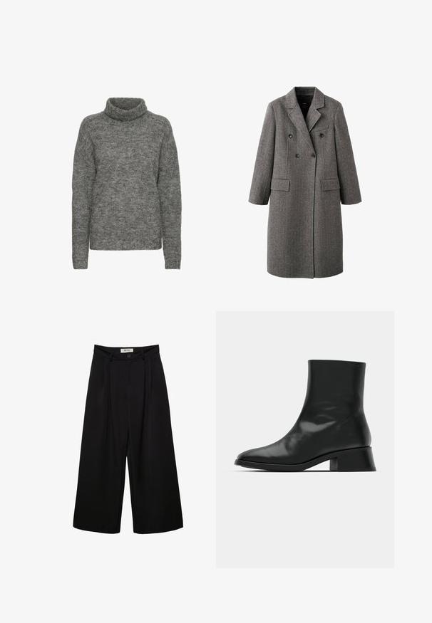 Lang grå uld dobbeltbreasted frakke med hakreverser, to klaplommer og en brystlomme med kant, designet til koldt vejr.; Grå turtleneck sweater lavet af blødt strikmateriale, med en afslappet pasform og lange ærmer med en subtil tekstur hele vejen igennem.; Sorte bukser med vide ben og høj talje, med forreste læg, to sidelommer og knaplukning. Glat stoftekstur.; Sort ankelstøvle lavet af blank læder, med et strømlinet design, spids tå og en moderat blokhælhøjde for stabilitet.