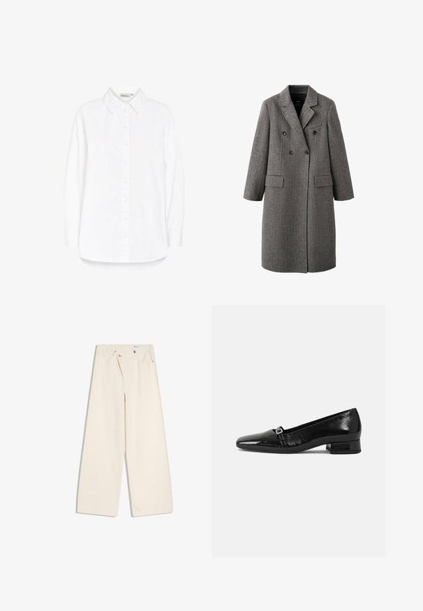 Long manteau gris en laine à double boutonnage avec revers à cran, deux poches à rabat et une poche poitrine passepoilée, conçu pour le temps froid.; Chemise blanche à boutons avec un col pointu, des manches longues et un ourlet incurvé. Fabriquée dans un tissu lisse et léger. Brillance subtile.; Pantalon large couleur écru avec poches avant, passants pour ceinture, et boutons argentés sur la ceinture et les bords des poches.; Ballet flats en cuir verni noir avec un bout pointu, un petit talon carré et un détail de boucle métallique sur la sangle. Texture lisse.