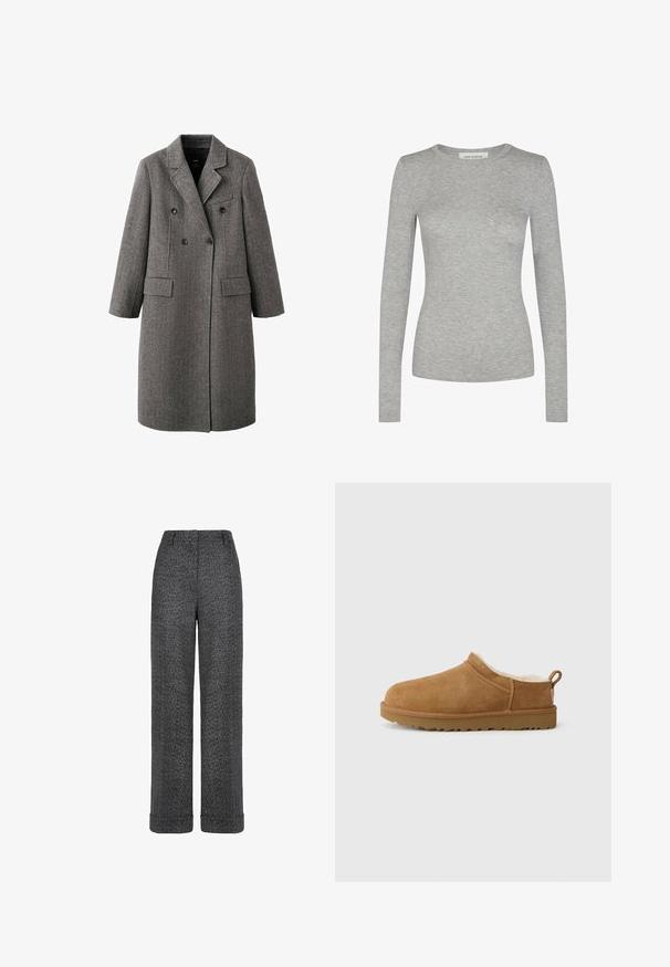 Langer grauer Wollmantel mit doppelreihiger Knopfleiste, aufgeschlagenem Revers, zwei Pattentaschen und einer Leistentasche auf der Brust, entworfen für kaltes Wetter.; Sofie Schnoor SOFIE SCHNOOR - Langarmshirt - grey mel; Graue Wollhose mit Fischgratmuster, geraden Beinen, aufgeschlagenen Säumen und einem Bund mit Gürtelschlaufen.; Brauner Wildlederschuh zum Hineinschlüpfen mit einem weichen, weißen Fellfutter, flacher Gummisohle, runder Zehenform und einer kleinen Zuglasche an der Ferse.