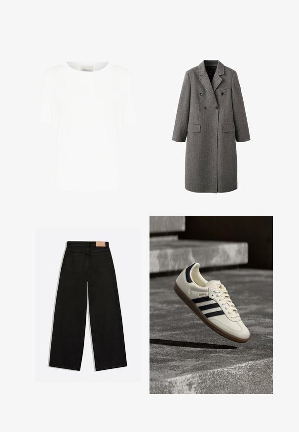 Long manteau gris en laine à double boutonnage avec revers à cran, deux poches à rabat et une poche poitrine passepoilée, conçu pour le temps froid.; T-shirt blanc à manches courtes en coton doux, avec un col rond et une coupe décontractée, sans motifs ni accents visibles.; Jean noir à jambes larges vu de dos, avec deux poches arrière et un patch de marque en cuir marron à la ceinture.; Baskets blanches Adidas Samba avec des bandes noires et une semelle en gomme, flottant au-dessus de marches en béton gris texturé.