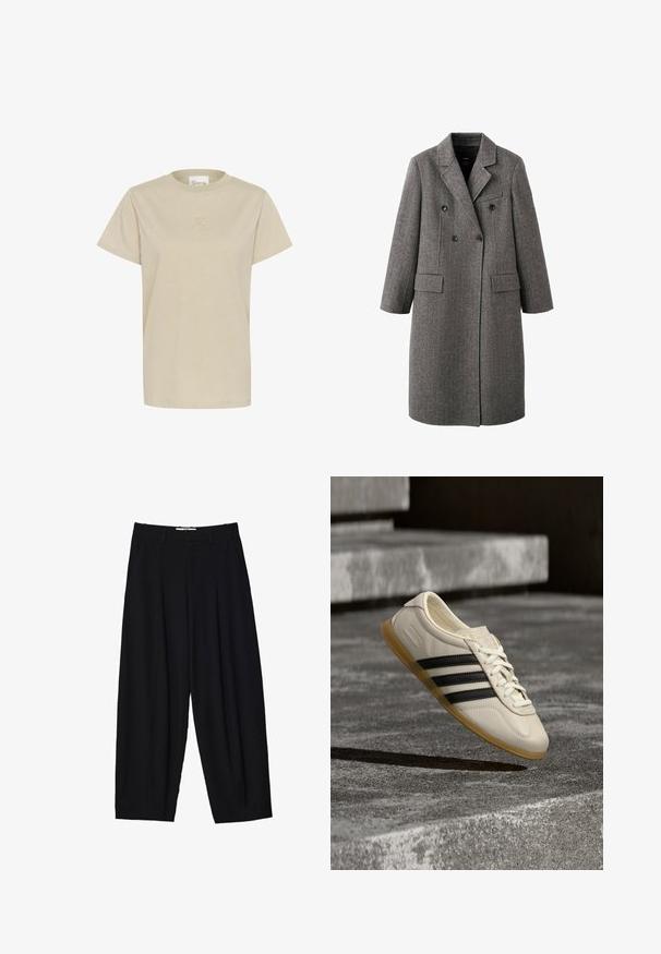 Lang grå uld dobbeltbreasted frakke med hakreverser, to klaplommer og en brystlomme med kant, designet til koldt vejr.; Lys beige T-shirt med korte ærmer lavet af blødt stof. Den har en rund hals og et diskret præget logo på brystet.; Sorte vide benbukser lavet af letvægtsstof, med frontfolder, en klassisk talje og sidelommer. Glat tekstur.; Hvid sneaker med sorte striber og gummisål svæver over betontrapper i blødt dagslys.
