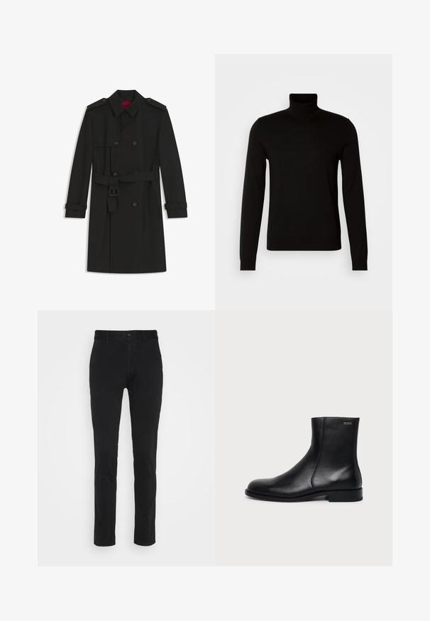 Zwarte dubbelgeknoopte trenchcoat met tailleceintuur, schouderepauletten en gespbanden op de manchetten, plat gelegd op een witte achtergrond.; Zwarte coltrui van fijn gebreide stof, met lange mouwen en een getailleerde pasvorm. Gladde textuur met geribbelde manchetten.; Zwarte katoenen chinos met een slim fit, voorzien van een standaard tailleband, voorzakken en een enkele achterzak. Glad oppervlak en minimale details.; Zwarte leren enkellaars met lage hak, zijstiksels en klein "HUGO" logo op de bovenste boord tegen een effen achtergrond.