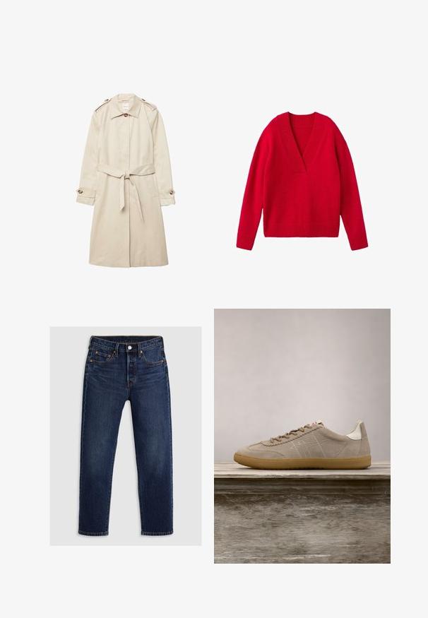Beige knælang trenchcoat med bindebælte, knappet krave, skulderstropper og knappede manchetter, lagt fladt på en hvid baggrund.; Rød striktrøje med V-hals, lange ærmer og ribbede manchetter og kant. Blød tekstur, afslappet pasform.; Mørkeblå denimbukser med lige ben-design. Har en lynlås og knaplukning, fem lommer og kontrasterende syninger.; Lys beige ruskindsneaker med gummisål, hvide detaljer på hæl og tunge, dekorative syninger og blandede beige-hvide snørebånd bundet i en sløjfe.