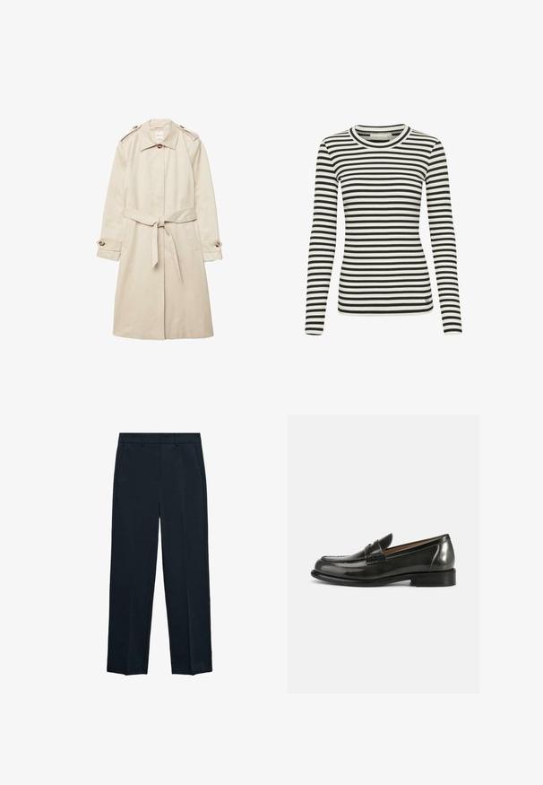 Trench-coat beige longueur genou avec ceinture à nouer, col boutonné, épaulettes et poignets boutonnés, posé à plat sur fond blanc.; Chemise à manches longues rayée noir et blanc avec une texture côtelée et un col rond. Présente un petit logo sur le bas à l'avant.; Pantalons bleu marine avec une coupe droite, devant plat, deux poches latérales et une texture lisse. Aucun motif ou accent visible.; Mocassins en cuir verni noir avec un design structuré, un bout arrondi et des détails cousus sur la tige, présentant un petit talon empilé.