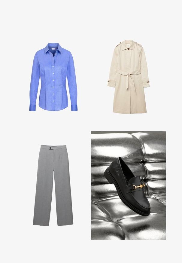 Beige knielange trenchcoat met strikceintuur, knoopsluiting aan de kraag, schouderepauletten en knoopmanchetten, plat uitgespreid op een witte achtergrond.; Lichtblauw overhemd met lange mouwen, knoopsluiting, spitse kraag en een kleine zwarte geborduurde roos aan de onderkant van de rechtervoorzijde.; Grijze op maat gemaakte broek met een brede pijp, platte voorkant en subtiele textuur. Bevat een enkele knoopsluiting en strakke lijnen.; Zwarte leren instapper met een goudkleurig hardware-detail. De schoen heeft een strak ontwerp en een gladde, glanzende textuur.