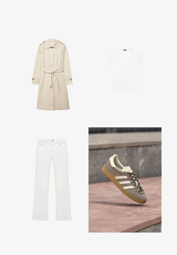 Beiger kniehoher Trenchcoat mit Bindegürtel, geknöpftem Kragen, Schulterklappen und geknöpften Manschetten, flach auf weißem Hintergrund gelegt.; Weißes Baumwoll-T-Shirt mit rundem Ausschnitt und kurzen Ärmeln. Einfaches Design, ohne Muster oder Akzente. Weiche, glatte Textur.; Weiße, ausgestellte Jeans aus einem glatten Baumwollstoff, mit fünf Taschen, einem Metallknopfverschluss und Gürtelschlaufen. Die Beine haben ein leichtes Verfeinerungsdetail.; Hellbrauner Adidas-Sneaker aus Wildleder mit weißen Streifen und einer braunen Gummisohle, schwebt über rosa Steinstufen im Freien.