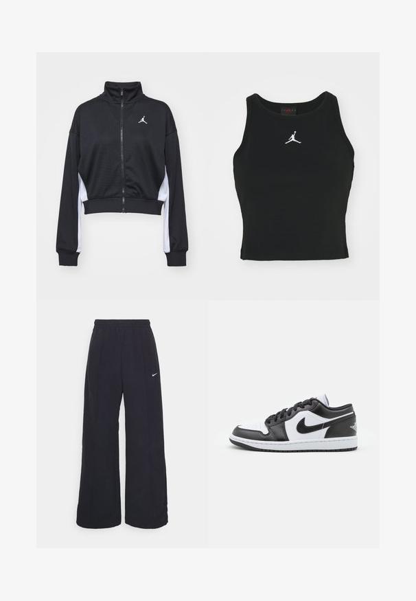 Veste courte noire zippée en tissu lisse, dotée de manches longues, d'un col haut, d'accents blancs sur les côtés et d'un petit logo sur la poitrine.; Débardeur noir ajusté en coton, avec un col rond et un logo Jordan blanc brodé au centre de l'avant. Texture lisse.; Pantalons larges noirs avec une taille élastique et un petit logo Nike blanc. Le tissu a une texture lisse, conçu pour le confort et un style décontracté.; Des baskets basses Nike en noir et blanc présentent un cuir lisse sur le dessus, un bout rond, un système de laçage et une semelle extérieure en caoutchouc à motifs.