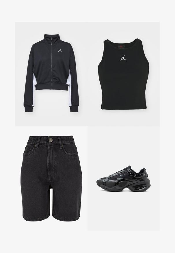 Veste courte noire zippée en tissu lisse, dotée de manches longues, d'un col haut, d'accents blancs sur les côtés et d'un petit logo sur la poitrine.; Débardeur noir ajusté en coton, avec un col rond et un logo Jordan blanc brodé au centre de l'avant. Texture lisse.; Shorts en denim noir à taille haute, avec un design à cinq poches et un système de fermeture à bouton en métal. Le tissu a une texture lisse avec un léger dégradé.; Baskets noires avec des panneaux brillants et en mesh, segments de semelle arrondis et petites décorations florales près du talon et des lacets.