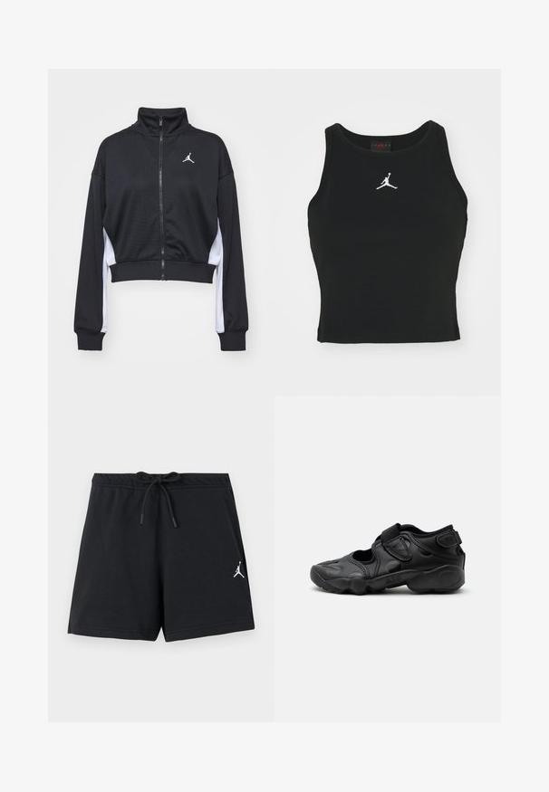 Veste courte noire zippée en tissu lisse, dotée de manches longues, d'un col haut, d'accents blancs sur les côtés et d'un petit logo sur la poitrine.; Débardeur noir ajusté en coton, avec un col rond et un logo Jordan blanc brodé au centre de l'avant. Texture lisse.; Shorts de sport noirs avec taille à cordon de serrage et petit logo Jumpman blanc sur la jambe gauche.; Sandale de sport noire avec bout fermé, brides Velcro au médio-pied et au talon, et semelle épaisse et rembourrée marquée "AIR" sur le côté.
