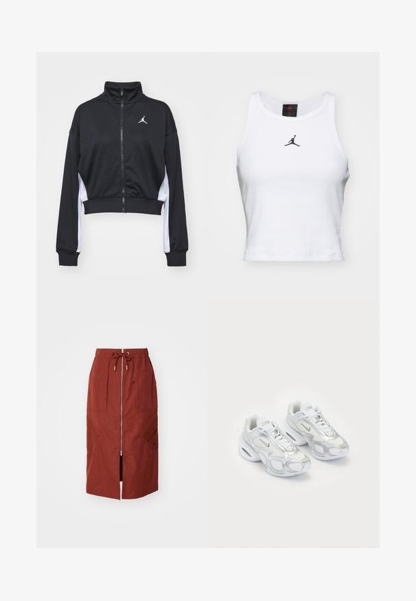 Mustast siledast kangast lühendatud lukuga jakk, millel on pikad varrukad, kõrge krae, valged küljeaccendid ja väike logo rinnal.; Valge lühike puuvillane tank top ribakangast. Keskel on must Jordan'i logo ja klassikaline ümar kaelus.; Keskmise pikkusega seelik terrakota punases, millel on eesne lukuga, elastne vöökoht koos tõmblukuga ja küljetaskud geomeetrilise mustriga.; Valged spordijalatsid, millel on võrgust ülemine osa, hõbedased aktsendid, ainulaadne kuju ja õhupehmendus kandades. Sidekummiga disain koos logoga.