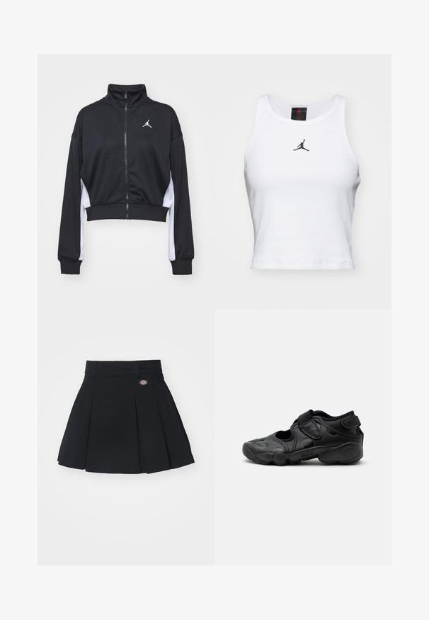 Mustast siledast kangast lühendatud lukuga jakk, millel on pikad varrukad, kõrge krae, valged küljeaccendid ja väike logo rinnal.; Valge lühike puuvillane tank top ribakangast. Keskel on must Jordan'i logo ja klassikaline ümar kaelus.; Mustmust tekstuuriga must plissee seelik, millel on lame talje ja väike logosilt. Sile kangas ja laienev kuju, mis ulatub keskmise reieni.; Mustad sportlikud sandaalid suletud varbaga, takjakinnitused sääre keskosas ja kandadel ning paks pehmendusega tald, millel külgmisel küljel kiri "AIR".