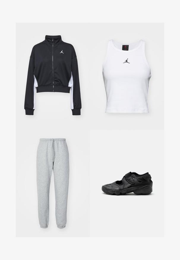 Mustast siledast kangast lühendatud lukuga jakk, millel on pikad varrukad, kõrge krae, valged küljeaccendid ja väike logo rinnal.; Valge lühike puuvillane tank top ribakangast. Keskel on must Jordan'i logo ja klassikaline ümar kaelus.; Hallid hallid treeningpüksid, mis on valmistatud pehmest, tekstureeritud kangast. Omavad elastset vööd nööriga, kitsenevaid pahkluupesasid ning ei sisalda nähtavaid mustreid ega logosid.; Mustad sportlikud sandaalid suletud varbaga, takjakinnitused sääre keskosas ja kandadel ning paks pehmendusega tald, millel külgmisel küljel kiri "AIR".