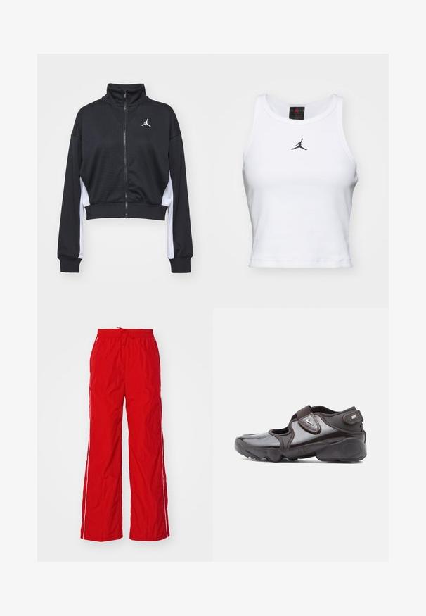 Mustast siledast kangast lühendatud lukuga jakk, millel on pikad varrukad, kõrge krae, valged küljeaccendid ja väike logo rinnal.; Valge lühike puuvillane tank top ribakangast. Keskel on must Jordan'i logo ja klassikaline ümar kaelus.; Punased nailonipüksid, millel on laia säärega disain, elastne vöökoht koos paelaga ja valged külgtriibud. Sile tekstuur ja kerge välimus.; Tumepruun spordijalats läikiva viimistlusega, takjakinnitusega, ümarate varbapooltega ja tekstuurse tallaga, millel on pehmendusdetailid.
