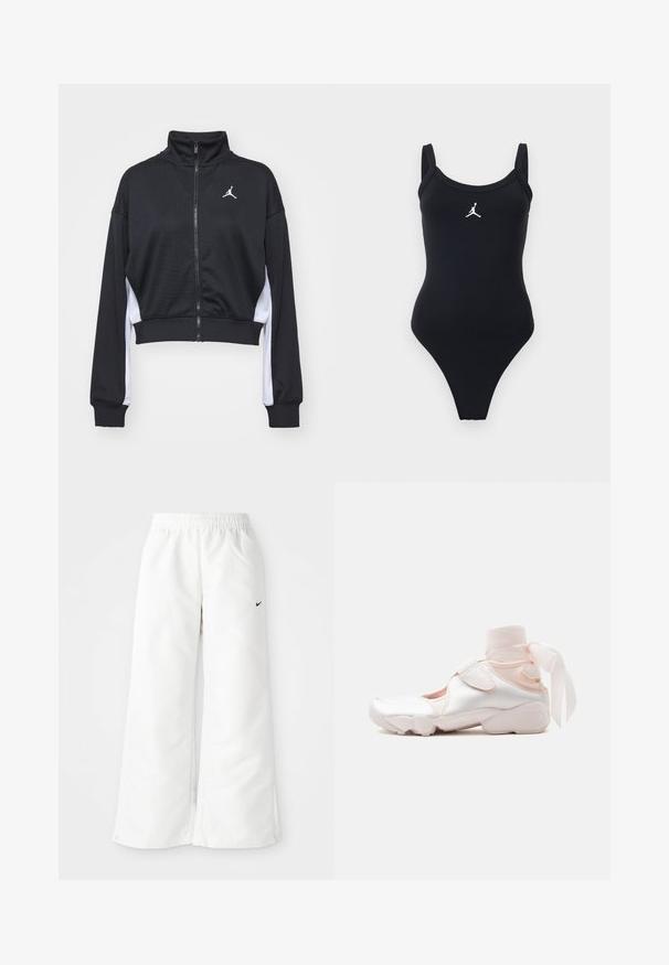 Black cropped zip-up jacket made of smooth fabric, featuring long sleeves, a high collar, white side accents, and a small logo on the chest.; Black one-piece swimsuit with wide shoulder straps and a white Jumpman logo centered on the chest against a plain background.; White athletic pants with a wide-leg design, elastic waistband, and a small black Nike logo on the left side. Smooth, lightweight material.; White and pale pink sneaker with soft fabric ankle wrap tied in a bow, featuring adjustable strap and rounded sole.