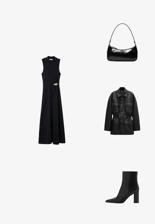 Veste noire en cuir synthétique avec manches longues, quatre poches à rabat sur le devant, taille cintrée et col classique.; Robe noire sans manches avec un col montant, une silhouette fluide et un accent de feuille dorée sur le côté. Fabriquée en tissu lisse.; Bottine en cuir noir à bout pointu, talon haut carré et finition lisse. Design simple aux lignes épurées, sans éléments métalliques visibles.; Sac à épaule en cuir noir brillant avec un seul compartiment zippé et une fine bandoulière arquée.