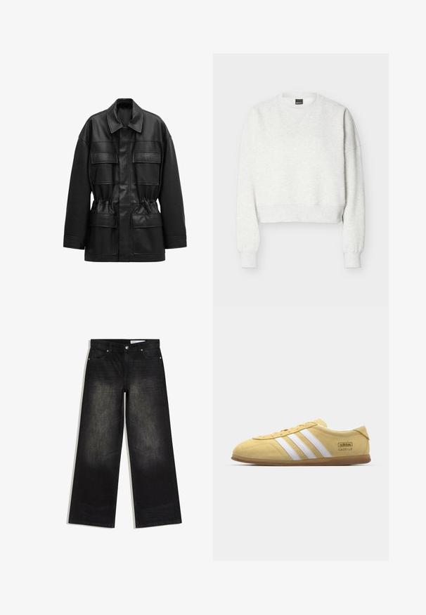 Zwart jasje van imitatieleer met lange mouwen, vier klepzakken aan de voorkant, een getailleerde taille en een klassieke kraag.; Lichtgrijze cropped crewneck-sweatshirt met lange mouwen en geribde boorden en zoom.; Zwarte jeans met wijde pijpen, vijf zakken, riemlussen en een knoop- en ritssluiting, met lichte vervaagde details op de dijen.; adidas Originals GAZELLE LO PRO W - Sneakers laag - almost yellow/footwear white