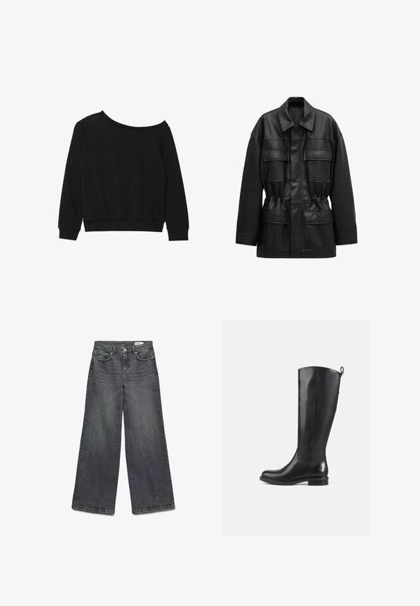 Zwart jasje van imitatieleer met lange mouwen, vier klepzakken aan de voorkant, een getailleerde taille en een klassieke kraag.; Zwarte off-shoulder sweatshirt met lange mouwen, geribbelde manchetten en tailleband in een zachte, lichtgewicht stof. Eenvoudig, onopgemaakte ontwerp.; Wijdlopende jeans van donkergrijs denim. Bevat vijf zakken, riemlussen en een knoopsluiting. Soepele textuur met subtiele whiskering-details.; Kniehoge zwarte leren laarzen met een gladde afwerking, ronde neus, lage hak en een trekkoord aan de achterkant. Minimalistisch ontwerp zonder zichtbare patronen.