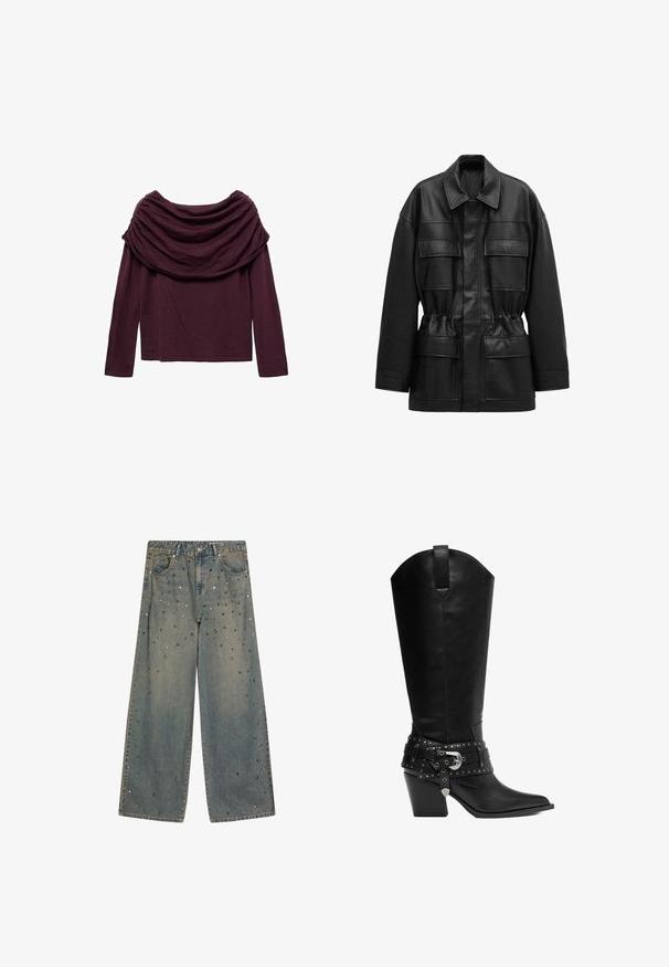 Veste noire en cuir synthétique avec manches longues, quatre poches à rabat sur le devant, taille cintrée et col classique.; T-shirt à manches longues en violet profond, avec un col drapé et une texture douce. Le design est décontracté et légèrement ample.; Jean évasé bleu délavé avec des clous métalliques dispersés de différentes formes et tailles sur le devant et les poches.; Botte de cowboy mi-mollet en cuir noir avec un bout pointu, un talon empilé et une sangle cloutée décorative avec une boucle argentée autour de la cheville.