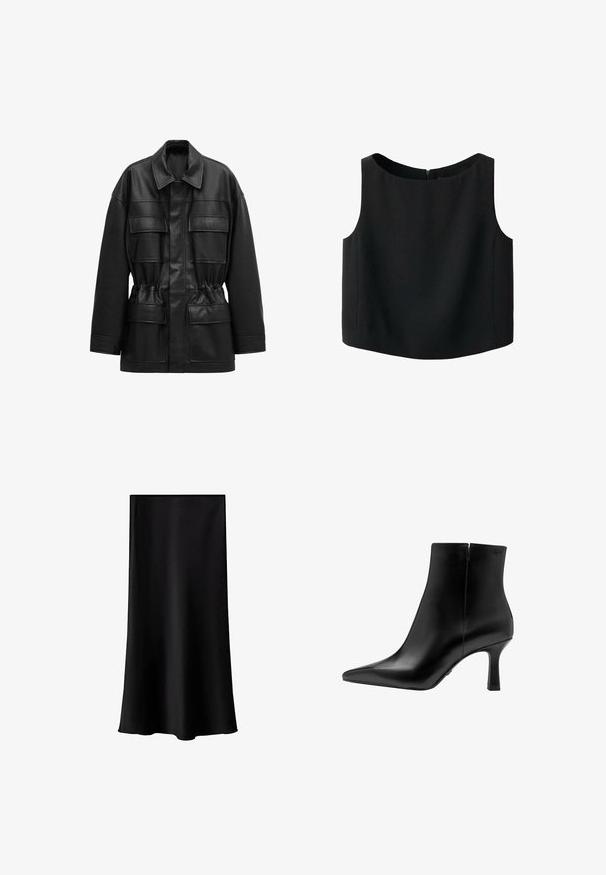 Schwarze Jacke aus Kunstleder mit langen Ärmeln, vier vorderen Klappentaschen, tailliertem Schnitt und klassischem Kragen.; Schwarzes ärmelloses Oberteil mit rundem Ausschnitt und glatter Stoffstruktur. Verfügt über einen dezenten Reißverschluss am Rücken und einen geraden Saum.; Schwarze Midischürze aus glattem, leichtem Stoff. Sie hat einen geraden Schnitt, keine sichtbaren Beschläge und ein schlichtes Design ohne Muster.; Schwarze Leder-Stiefelette mit spitzer Zehe, hohem Stiletto-Absatz, glatter Textur und minimalistischem Design. Verfügt über einen Reißverschluss auf der Rückseite.