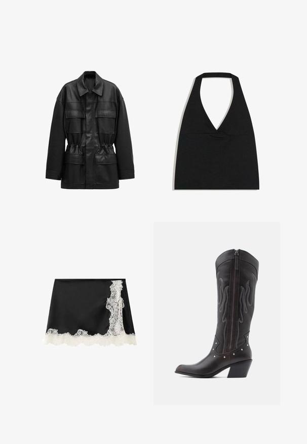 Veste noire en cuir synthétique avec manches longues, quatre poches à rabat sur le devant, taille cintrée et col classique.; Haut court noir à col licou avec un profond décolleté en V et une large bretelle autour du cou sur fond blanc.; Mini-jupe noire avec bordure en dentelle florale blanche le long du bord inférieur et un panneau en dentelle sur le côté droit.; Bottes de cowboy en cuir marron avec surpiqûres en forme de flammes, fermeture éclair latérale, clous argentés, bout pointu et talon superposé.