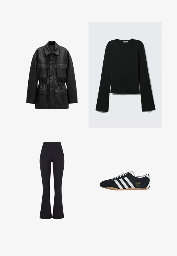 Schwarze Jacke aus Kunstleder mit langen Ärmeln, vier vorderen Klappentaschen, tailliertem Schnitt und klassischem Kragen.; Schwarzes Langarmshirt mit Rundhalsausschnitt, figurbetonter Silhouette und leicht ausgestellten Ärmeln, gekennzeichnet mit einem "Weekday" Markenetikett im Nacken.; Schwarze, hochtaillierte Schlaghosen aus Stretchstoff. Sie verfügen über eine glatte Textur und eine figurbetonte Silhouette an den Hüften.; Schwarze Wildledersneaker mit drei weißen Streifen, goldenem Logo und brauner Gummisohle. Merkmale ein niedrigprofiliertes Schnürdesign.