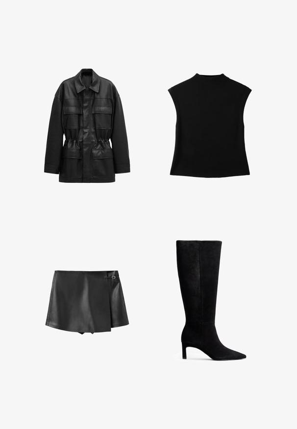 Schwarze Jacke aus Kunstleder mit langen Ärmeln, vier vorderen Klappentaschen, tailliertem Schnitt und klassischem Kragen.; Schwarzes ärmelloses Stricktop mit hohem Rundhalsausschnitt und leicht ausgestelltem Saum.; Schwarzer Minirock aus Kunstleder mit überlappender Frontklappe und kleinem seitlichem Schnallendetail.; Schwarze Wildleder-Stiefel bis zum Knie mit einer spitzen Zehenpartie und einem schmalen Stiletto-Absatz. Glatte Textur mit einem schlichten Design und ohne sichtbare Beschläge oder Akzente.