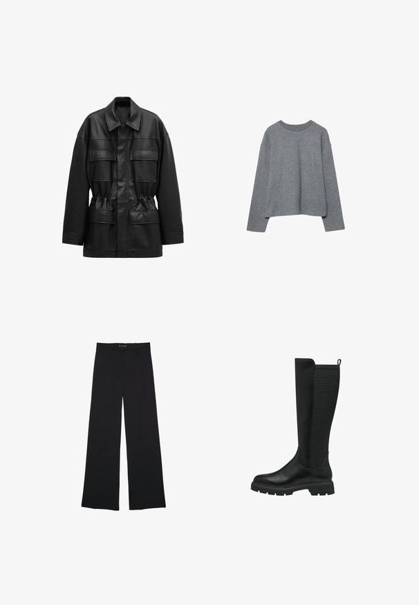 Veste noire en cuir synthétique avec manches longues, quatre poches à rabat sur le devant, taille cintrée et col classique.; Pull gris court en tissu tricoté doux, avec un col rond en côtes et des manches longues, ayant une coupe décontractée et un minimum de détails.; Pantalon noir à jambes larges avec fermeture par bouton et zip, passants de ceinture et finition lisse et ajustée.; Botte noire hauteur genou avec un devant en cuir lisse et un panneau en maille texturée à l'arrière, dotée d'une semelle en caoutchouc et d'une languette pour un enfilage facile.
