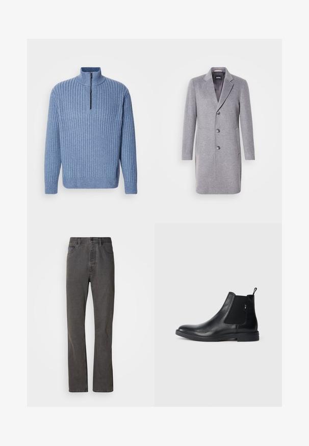 Abrigo de lana gris con cuello de solapa, cierre de tres botones, bolsillos laterales y un forro interior suave. Forma clásica y entallada.; Suéter de punto acanalado en azul claro, con cuello alto y una cremallera parcial en el cuello; cuenta con mangas largas y un dobladillo recto.; Vaqueros de mezclilla gris con un diseño de pierna recta, que cuentan con bolsillos frontales, un cierre de botón y una textura sutil.; Botines Chelsea de cuero negro con paneles elásticos laterales, una pestaña para tirar y una suela de goma plana. Textura suave con un detalle mínimo.